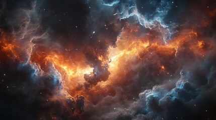 Obraz premium A dramatic deep space view of a cosmic storm with swirling clouds of gas and energy, showcasing the dynamic and powerful nature of the universe.
