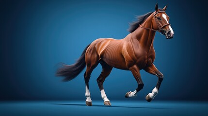 Fototapeta premium A graceful brown horse galloping against a vibrant blue background, showcasing its strength and beauty in motion.
