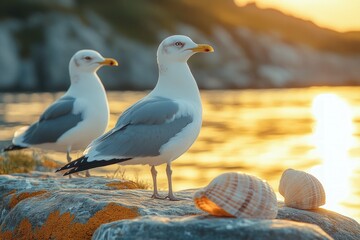 Two seagulls stand on a rocky shore at sunset with seashells in the foreground.