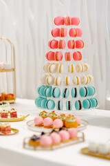 delicious dessert eclairs, Sweet cupcakes, Colorful macaroons, Bakery sweet, banquet table, holiday. Birthday, wedding, strawberry cake, donuts, tart, chocolate cake slice