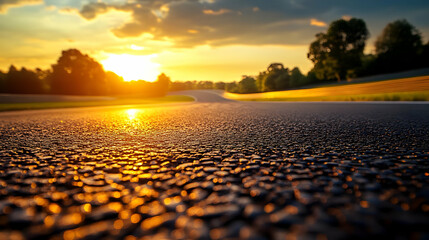 Obraz premium Asphalt Road at Sunset with Golden Light and Blurred Background