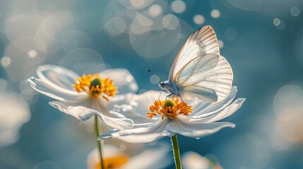 White Butterfly Perched on a Delicate White Flower with Soft Bokeh Background