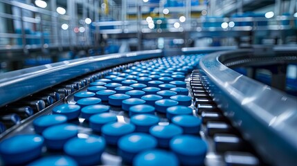 Close-up of Blue Pills Moving on a Conveyor Belt in a Factory Setting