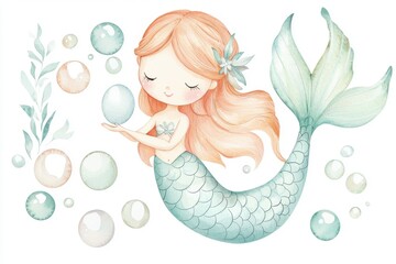 A whimsical mermaid with flowing hair surrounded by colorful bubbles and aquatic elements, perfect for children's illustrations.