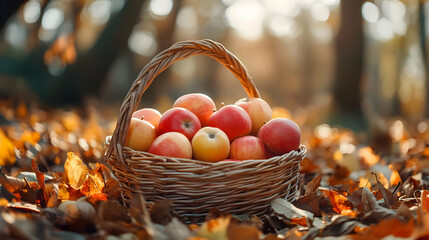 Autumn Basket of Red and Yellow Apples on Fall Leaves