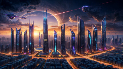 Futuristic cityscape at sunset with towering skyscrapers, neon lights, flying vehicles, and a vibrant sky reflecting off buildings. The scene exudes a sense of advanced technology and urban life.