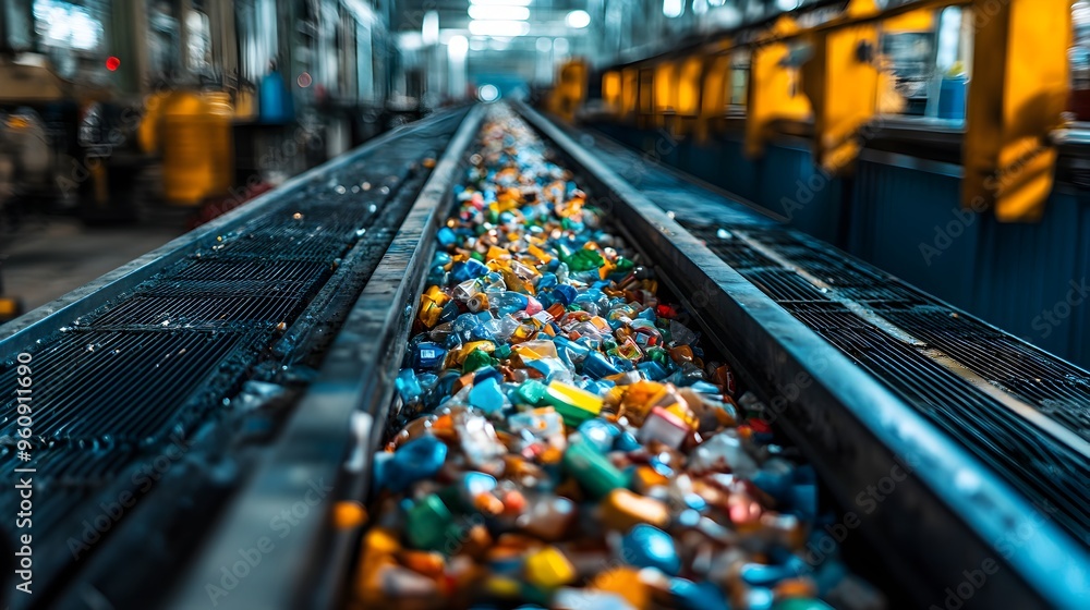 Poster automated recycling facility efficiently sorting and processing diverse waste materials