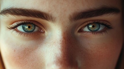 Fototapeta premium An extreme close-up of a beautiful young woman’s eyes, looking straight into the camera, capturing the detailed features and emotional intensity of her gaze with a smooth, neutral backdrop