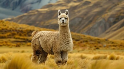 Fototapeta premium A light brown alpaca stands alone in a grassy field, looking towards a distant mountain range.
