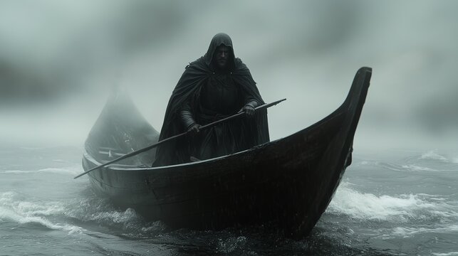 A mysterious hooded figure navigates a wooden boat through foggy waters, evoking a sense of myth and legend, reminiscent of the ferryman of the underworld in a dark, foreboding atmosphere.