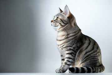 Obraz premium A close-up profile of a beautiful striped cat sitting elegantly against a soft, light background, showcasing its stunning features.