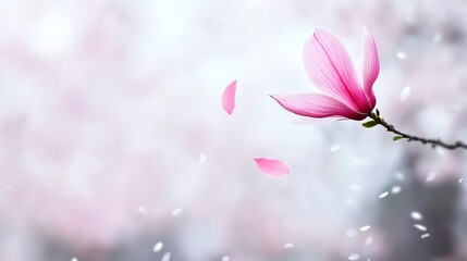 Pink Magnolia Blossom with Falling Petals on a Blurry Background