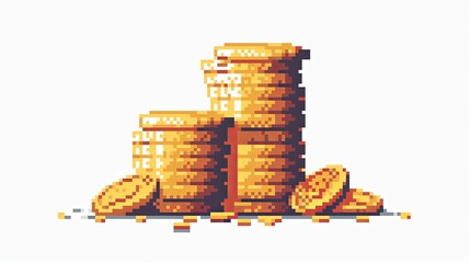 Pixelated Stack of Gold Coins with Scattered Coins