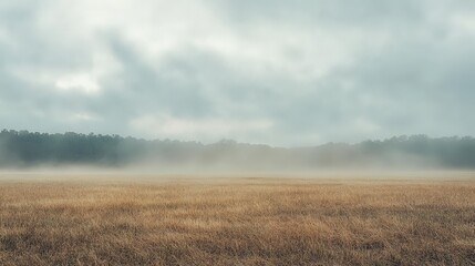 Smoke drifting across an open field during a foggy morning, creating a mystical and serene landscape.
