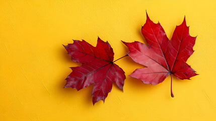 Red Maple Leaves on Yellow Background