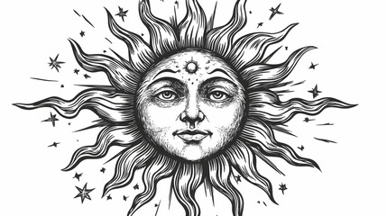 Obraz premium Sun Face with Stars Vintage Hand Drawn Illustration