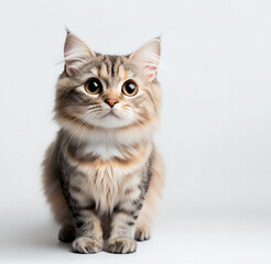 Obraz premium Adorable fluffy cat with big eyes, sitting gracefully against a clean background, perfect for pet-themed projects.