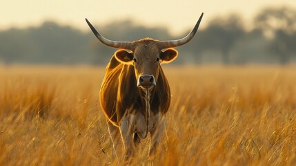 Lone cow walking in the golden grass.