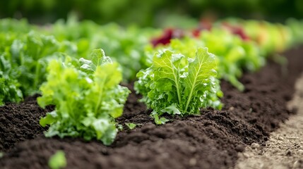 Organic Vegetable Garden with Lush Leafy Greens Growing in Rich Soil