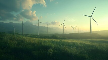 Obraz premium Renewable Wind Energy Turbines in Lush Green Countryside Landscape