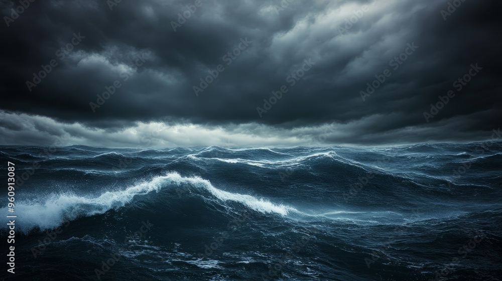 Poster Visualize a moody, overcast sky above a restless ocean, with dark clouds looming over the turbulent waves, creating a dramatic and atmospheric seascape