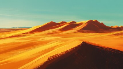 Naklejka premium Visualize a blazing desert sun casting long shadows over golden dunes, with the heat shimmering on the horizon and creating a vast, open landscape