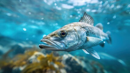 Fototapeta premium A large blue-striped bass swims through the underwater environment,