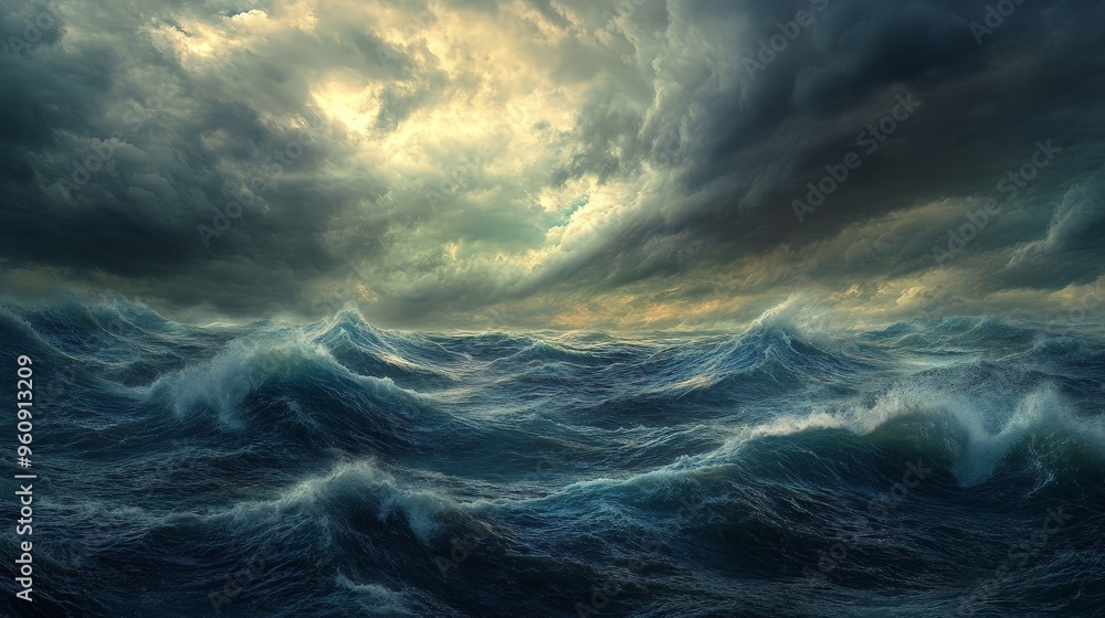 Poster visualize a stormy ocean with turbulent waves and a sky filled with dark, menacing clouds, creating 