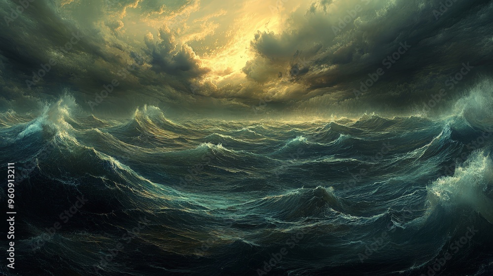 Poster visualize a stormy ocean with turbulent waves and a sky filled with dark, menacing clouds, creating 