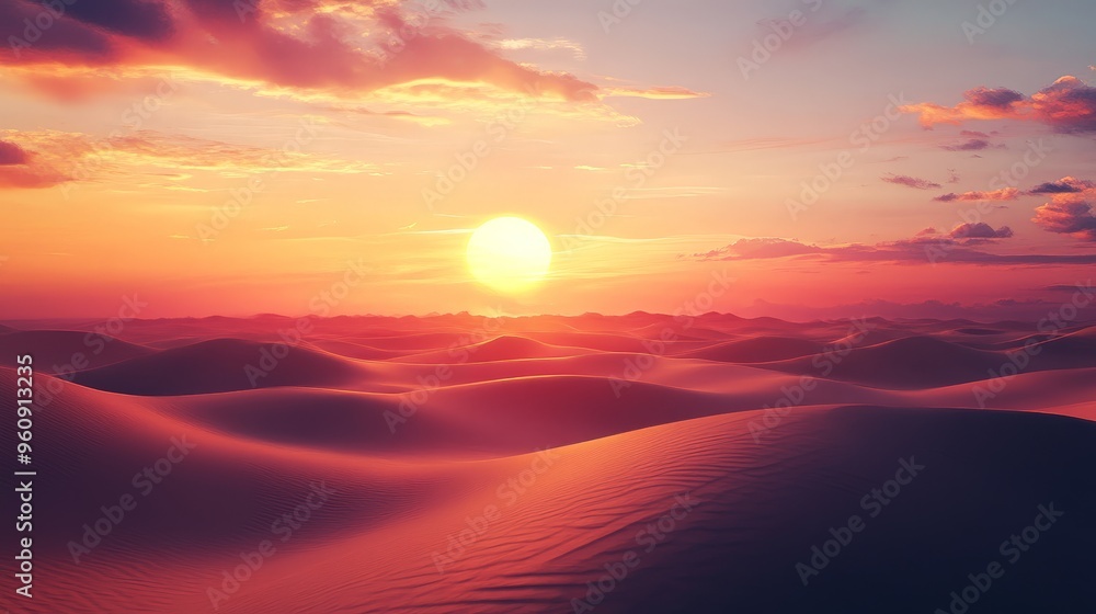Poster visualize a tranquil desert scene with the setting sun casting a warm, amber light over the expansiv