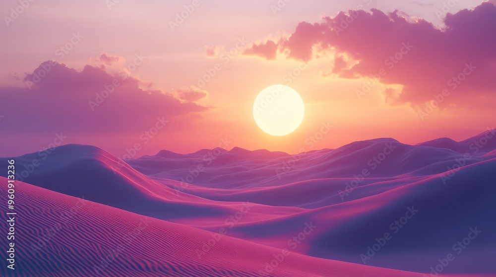 Poster visualize a tranquil desert scene with the setting sun casting a warm, amber light over the expansiv
