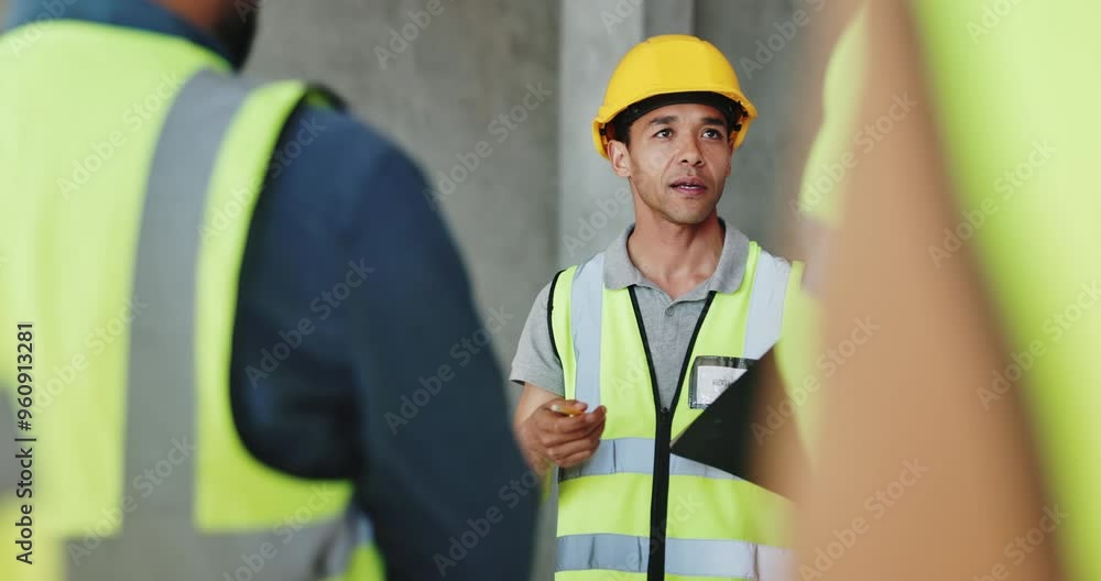 Poster Teamwork, checklist and inspection with man on construction site for project management, property development and building engineering. Architecture, clipboard and contractor with planning update