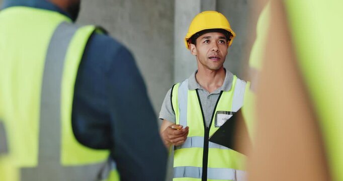 Teamwork, checklist and inspection with man on construction site for project management, property development and building engineering. Architecture, clipboard and contractor with planning update