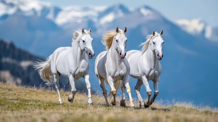 Obraz premium Three majestic white horses gallop across a vibrant green meadow with snowy mountains in the background under a clear blue sky.