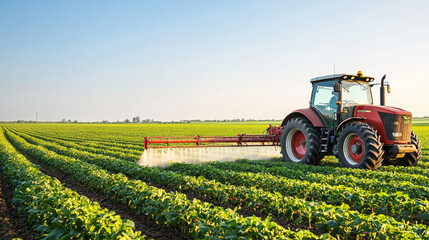 Obraz premium Tractor spraying pesticide on vibrant green agricultural field under clear blue sky, symbolizing modern farming