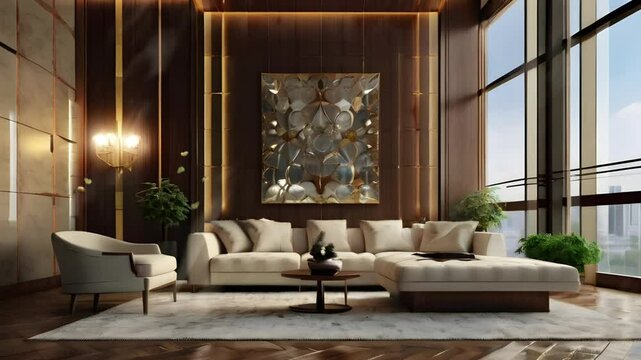 Elegant luxury living room with sparkling wood decoration. Seamless 4K looping timelapse video animation background