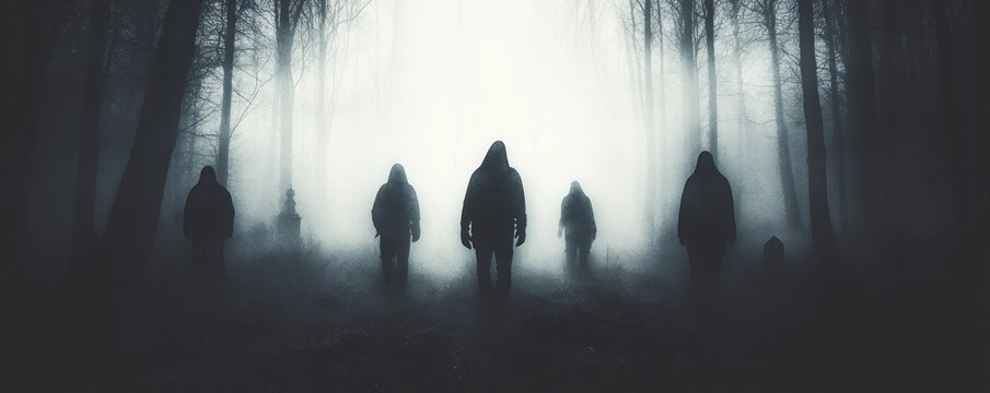A group of people are walking through a forest in the dark. Scene is eerie and mysterious