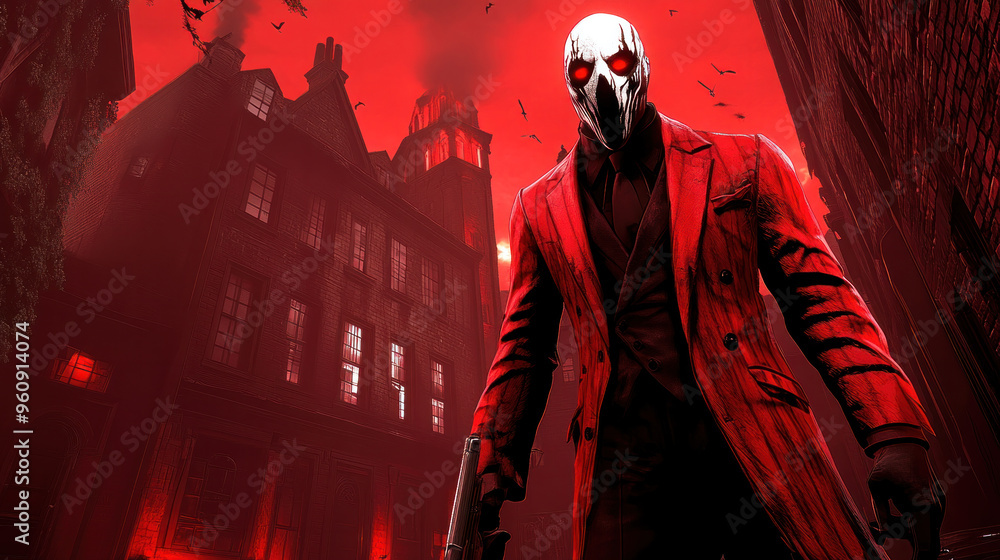 Aufkleber a man in a red coat is standing in front of a building with a gun. the image has a dark and ominous 