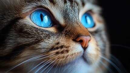 Close-up portrait of a cat with piercing blue eyes, looking to the side.