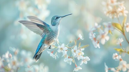 Fototapeta premium A Hummingbird Perched on a Branch of White Blossoms