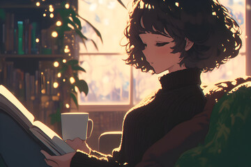 Cozy Girl immersed in a book on a comfortable couch with a cup of tea and fairy lights in the background. Anime style, Cozy vibes