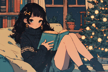 Cozy Girl immersed in a book on a comfortable couch with a cup of tea and fairy lights in the background. Anime style, Cozy vibes