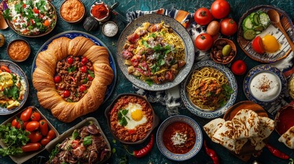 Fototapeta premium A colorful display of traditional foods from different cultures, including French croissants, Japanese ramen, Mexican enchiladas, and Moroccan couscous, elegantly plated.