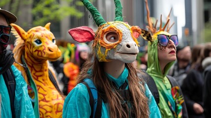 A colorful environmental protest with people dressed in costumes representing endangered animals, highlighting the urgency of wildlife protection