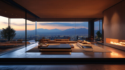 Fototapeta premium Modern house living room with spacious open space There is a central courtyard with a fireplace, a pond, perfectly arranged-3