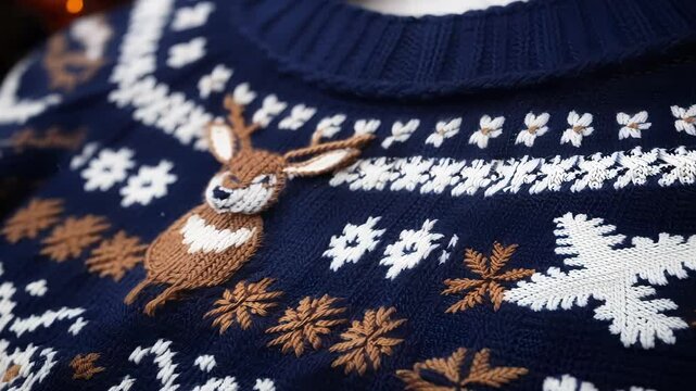 Stay warm and stylish in this cozy blue knitted christmas jumper with embroidered reindeer and snowflakes, perfect for chilly winter days. Made of wool, ideal for holiday comfort and style