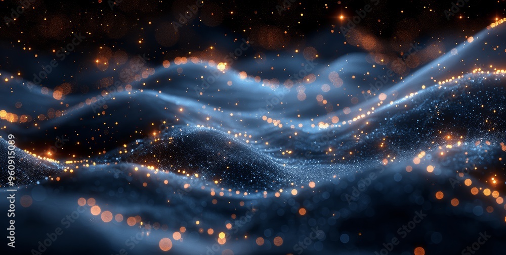 Poster dark blue and gold abstract background with glitter bokeh lights and particle waves