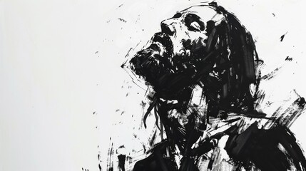 Expressive black and white drawing of Jesus with a crown of thorns, gazing upwards with a poignant expression.
