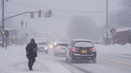 Fototapeta premium Person Walking In Snowstorm On City Street