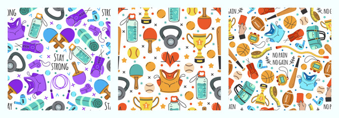 Sport set of seamless vector patterns. Gym accessories - baseball bat, ping pong paddle, boxing gloves, jump rope, kettlebell, sportswear. Balls for rugby, basketball, tennis. Fitness backgrounds